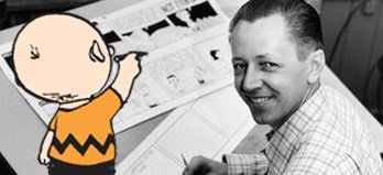 Charles Schulz at his drawing board with drawing of Charlie Brown